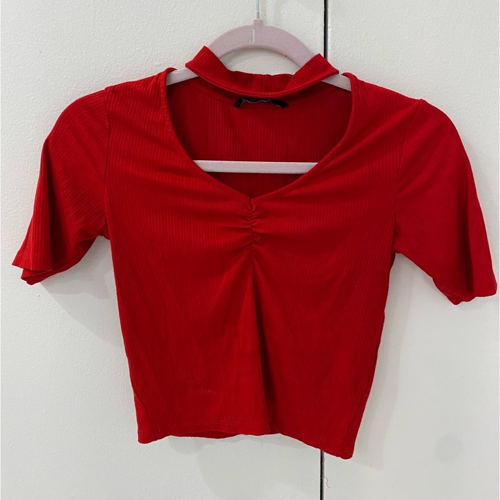 Red Crop Top with Built-in Choker Collar